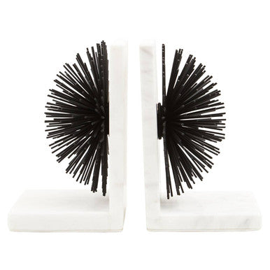 Set of Two Black Starburst Bookends with Marble Base
