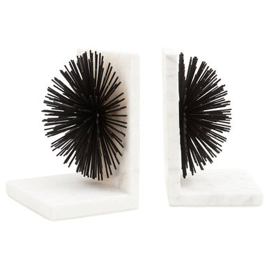 Set of Two Black Starburst Bookends with Marble Base