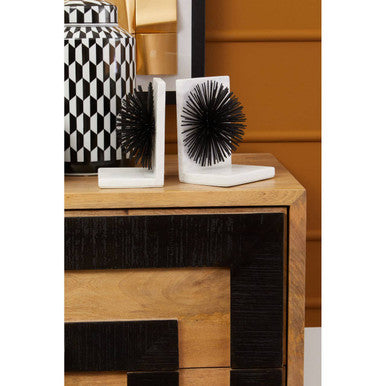 Set of Two Black Starburst Bookends with Marble Base