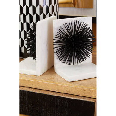 Set of Two Black Starburst Bookends with Marble Base