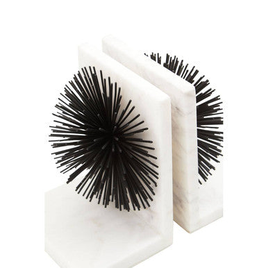 Set of Two Black Starburst Bookends with Marble Base