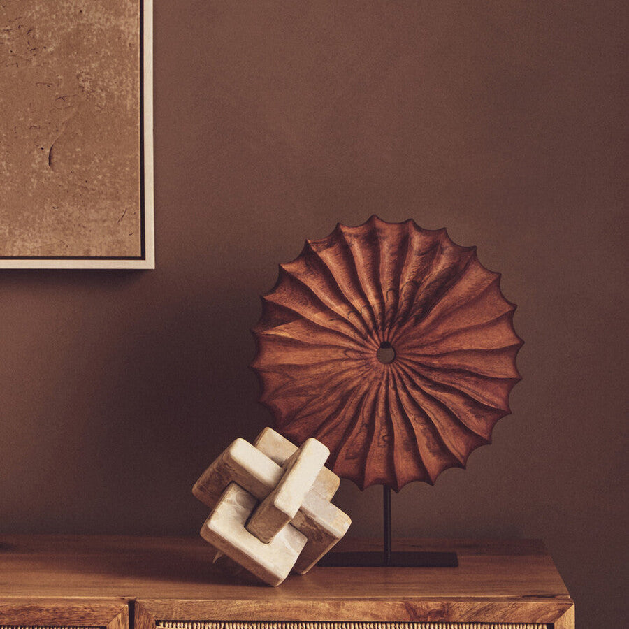 Brown Wood Round Sculpture with Black Base