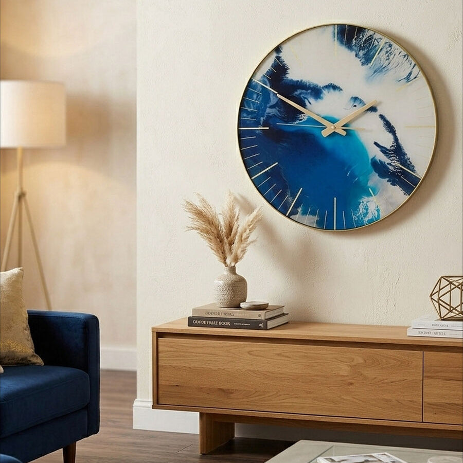 Blue Abstract Wall Clock with Gold Frame