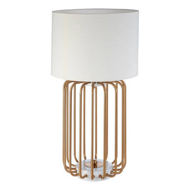 Gold Caged Table Lamp with White Linen Shade