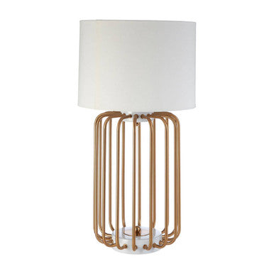 Gold Caged Table Lamp with White Linen Shade