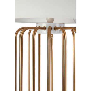 Gold Caged Table Lamp with White Linen Shade