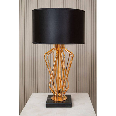 Black Drum Table Lamp with Bronze Frame and Marble Base