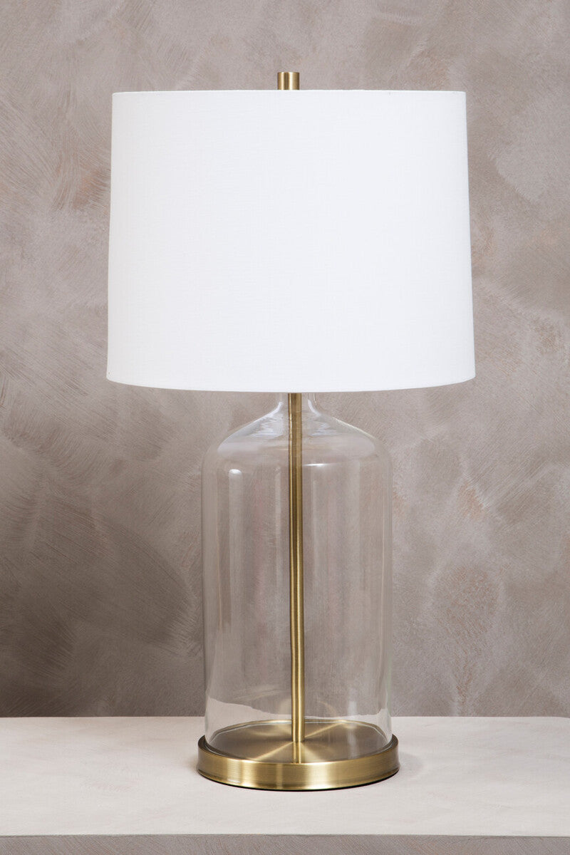White Fabric Shade Table Lamp with Brass and Glass Base