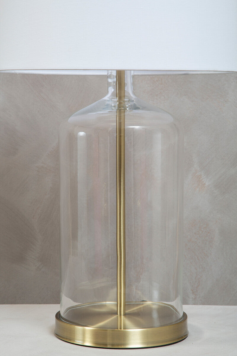 White Fabric Shade Table Lamp with Brass and Glass Base