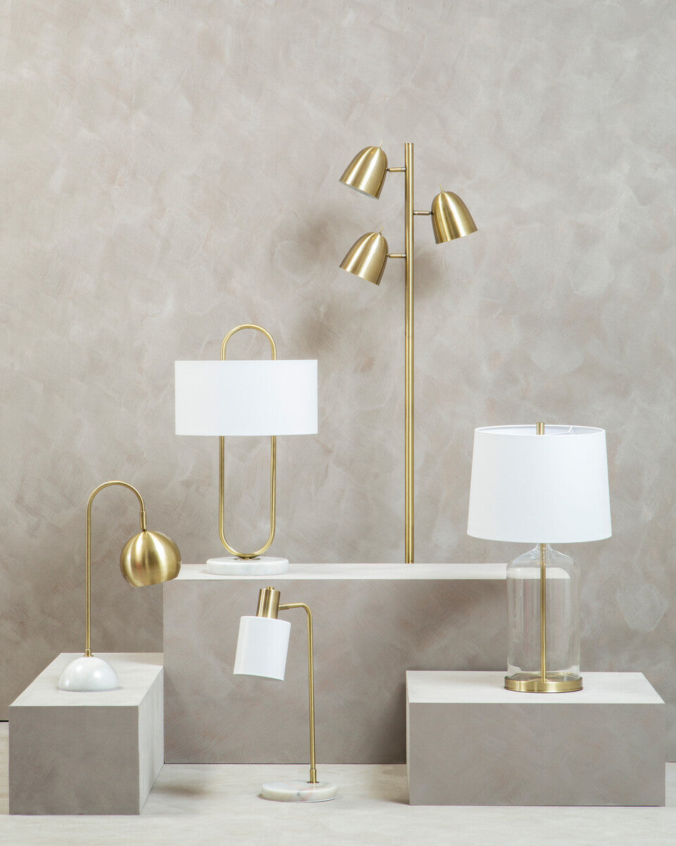 White Fabric Shade Table Lamp with Brass and Glass Base