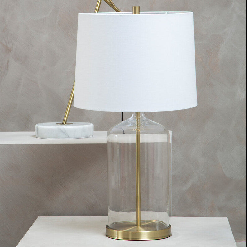 White Fabric Shade Table Lamp with Brass and Glass Base