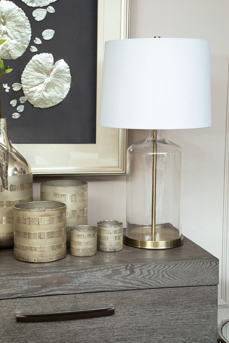 White Fabric Shade Table Lamp with Brass and Glass Base