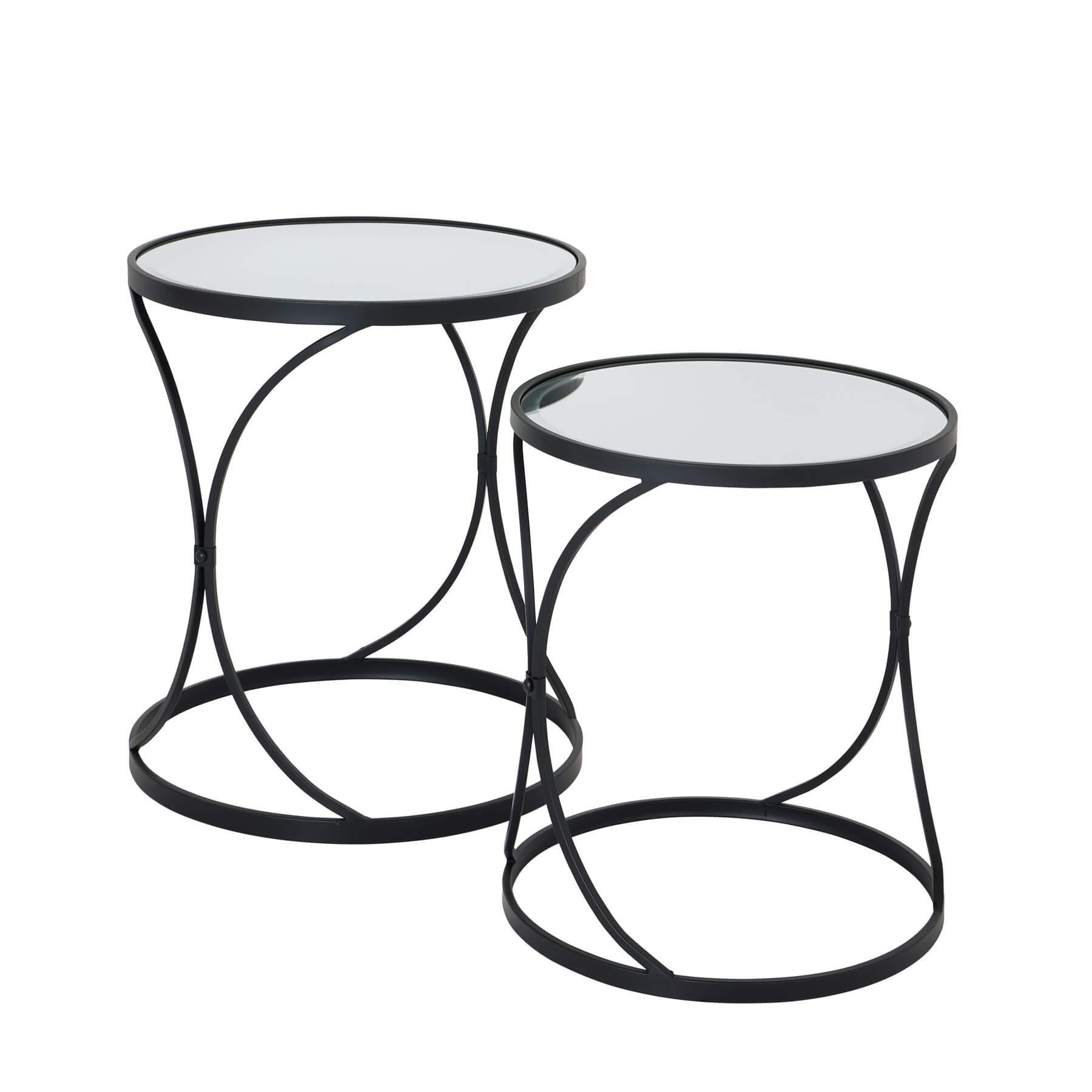Black metal nesting side tables with mirrored glass surfaces, modern decor accent by RoomLondon at brixbailey.com