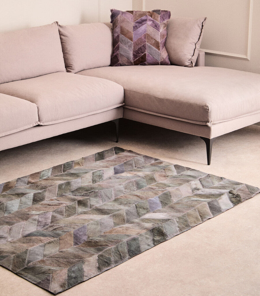Small Grey Chevron Patchwork Rug in Hair on Leather