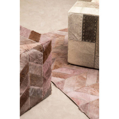 Small Grey Chevron Patchwork Rug in Hair on Leather