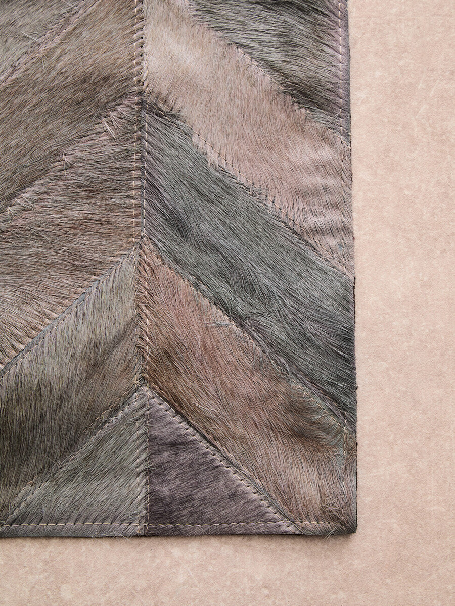 Small Grey Chevron Patchwork Rug in Hair on Leather