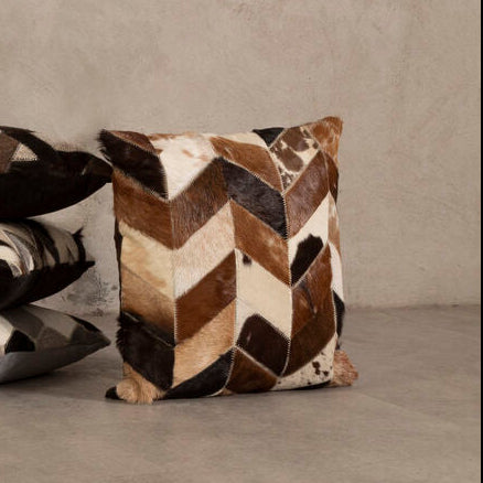 Natural Leather Patchwork Chevron Cushion