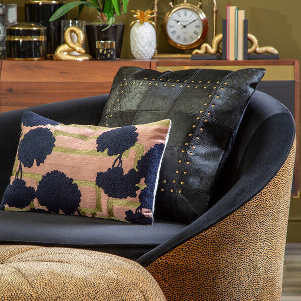 Black Hair on Leather Patchwork Cushion
