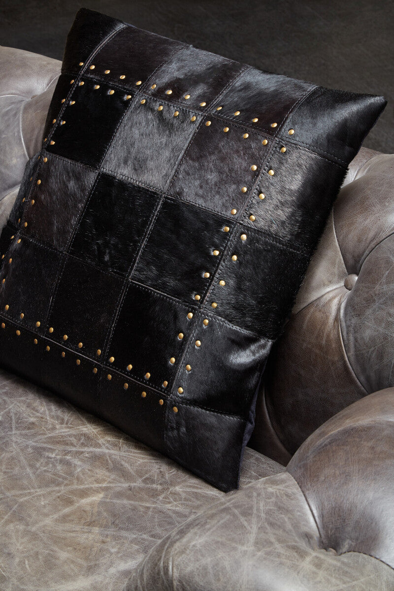Black Hair on Leather Patchwork Cushion