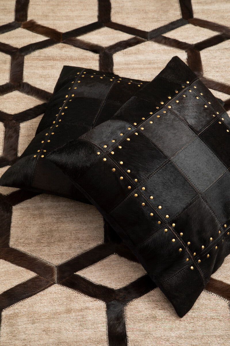 Black Hair on Leather Patchwork Cushion