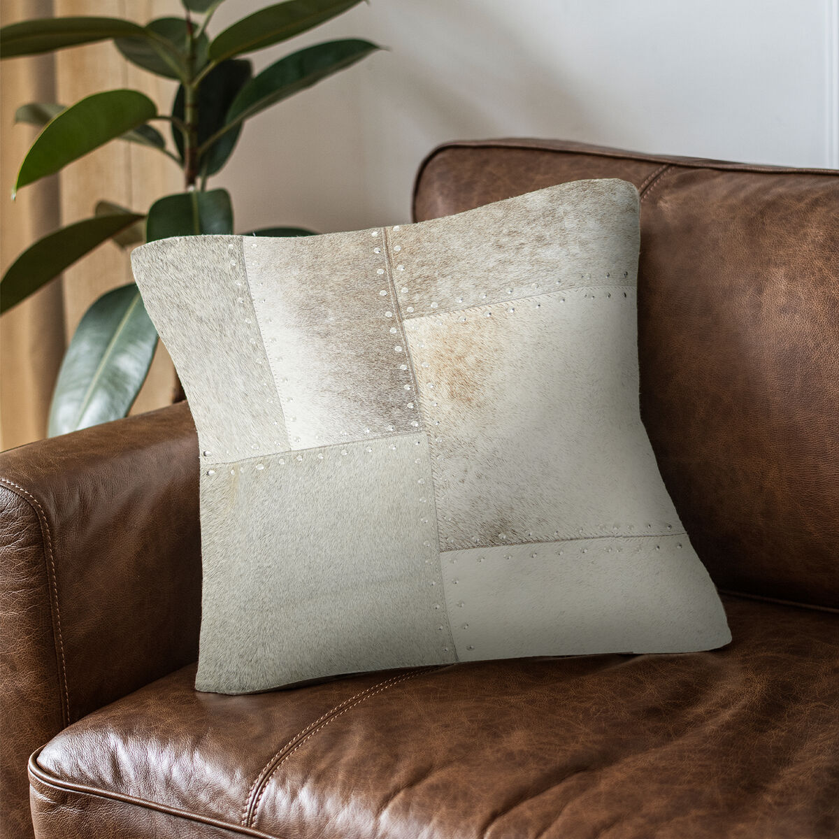 Grey Hair on Leather Patchwork Cushion