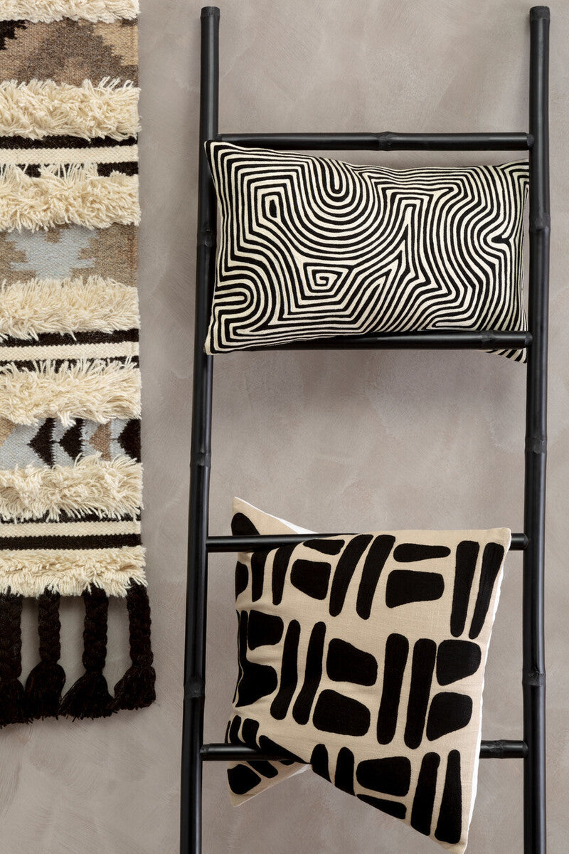 Black and White Embroidered Rectangular Cushion