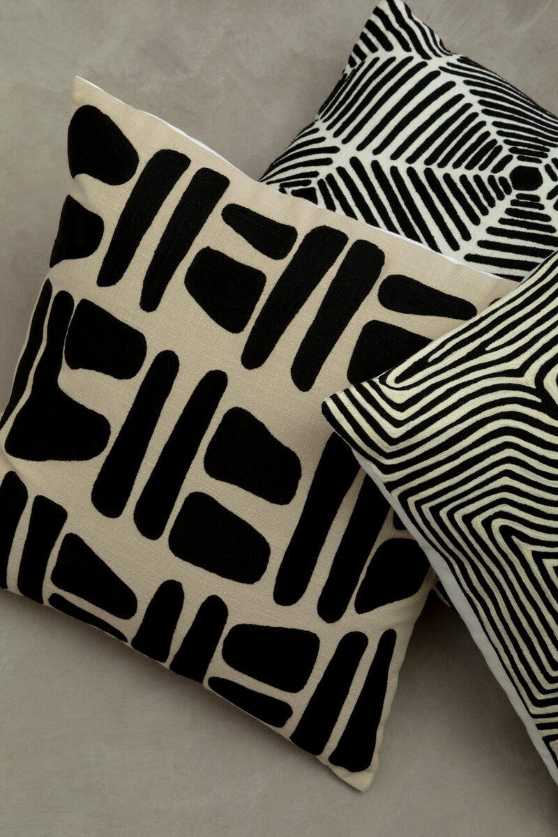 Black and White Embroidered Rectangular Cushion