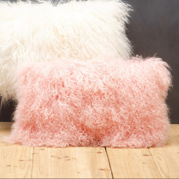 Real Mongolian Fur Pink Rectangular Cushion
