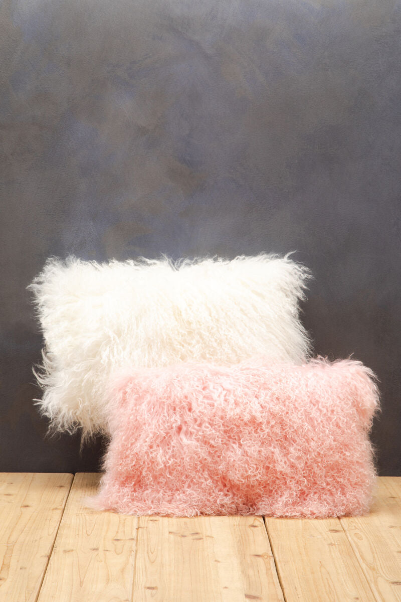 Real Mongolian Fur Pink Rectangular Cushion