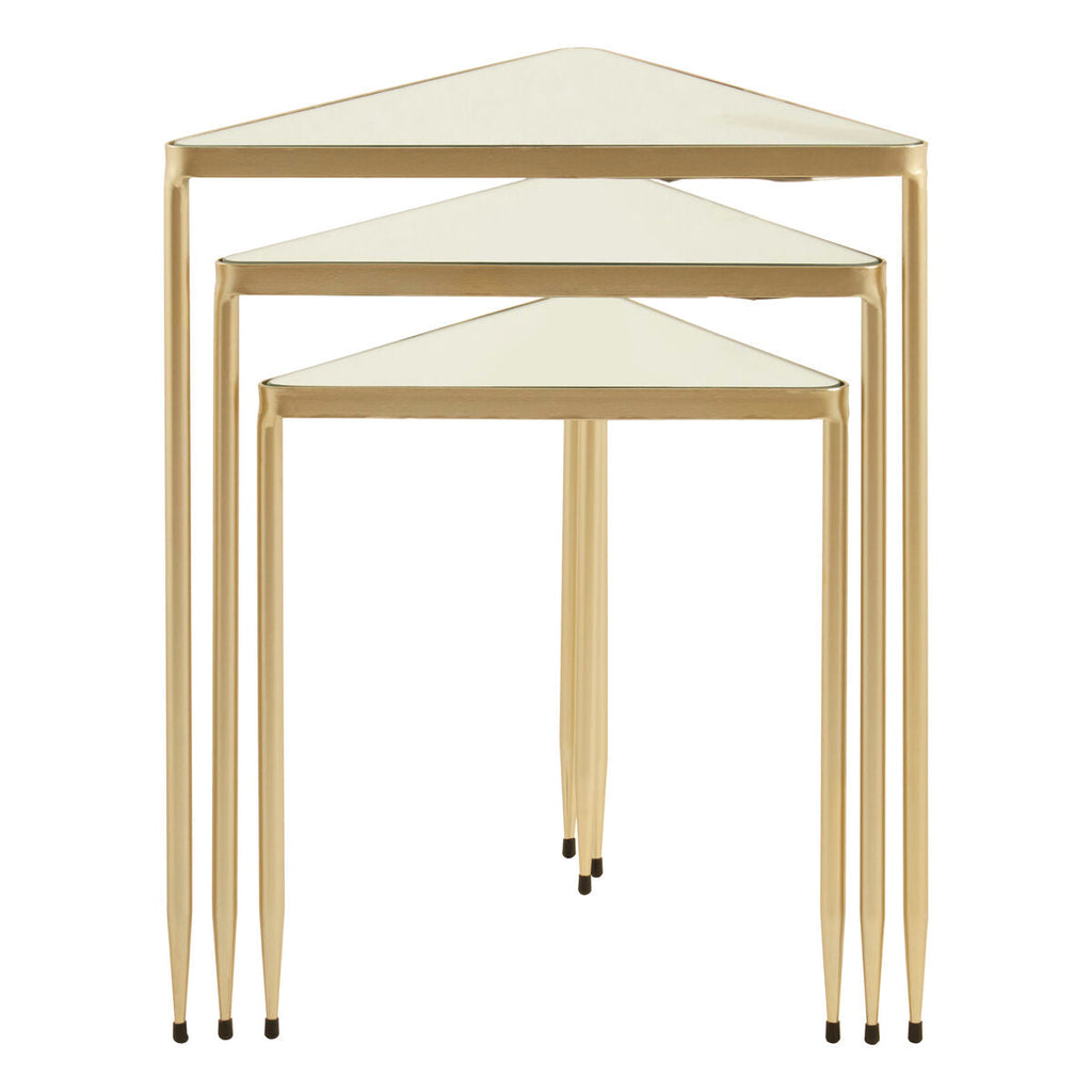 Set of 3 Mirrored Glass Triangle Nesting Tables with Champagne Gold Frame