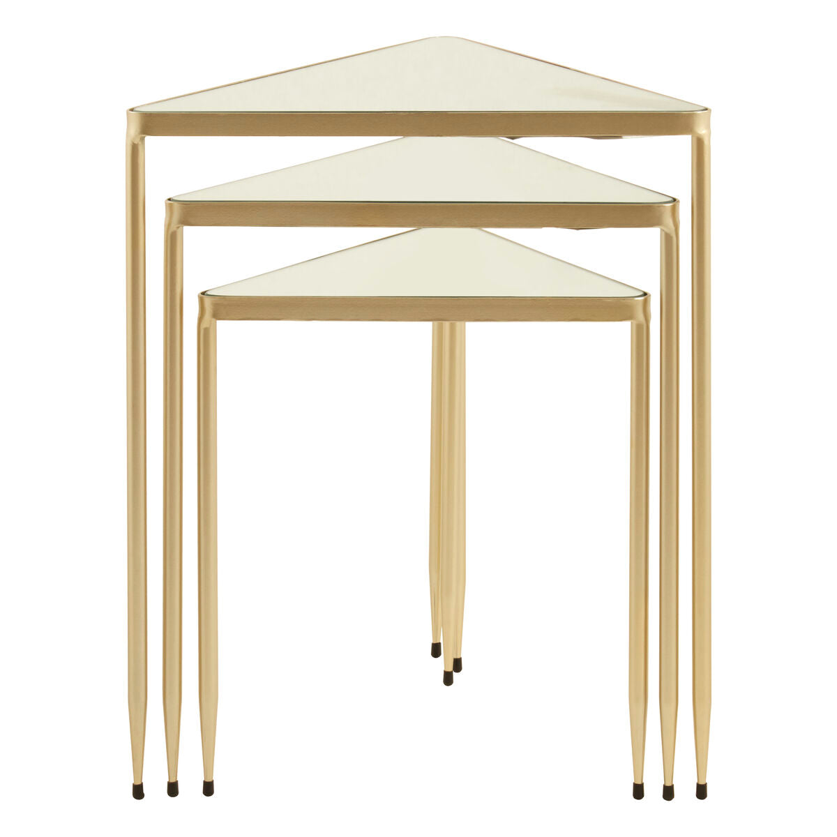 Set of 3 Mirrored Glass Triangle Nesting Tables with Champagne Gold Frame
