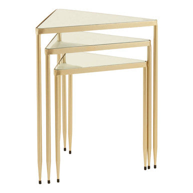 Set of 3 Mirrored Glass Triangle Nesting Tables with Champagne Gold Frame