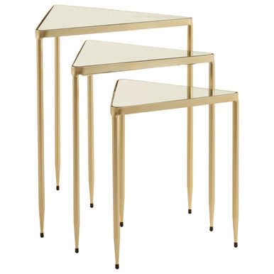 Set of 3 Mirrored Glass Triangle Nesting Tables with Champagne Gold Frame