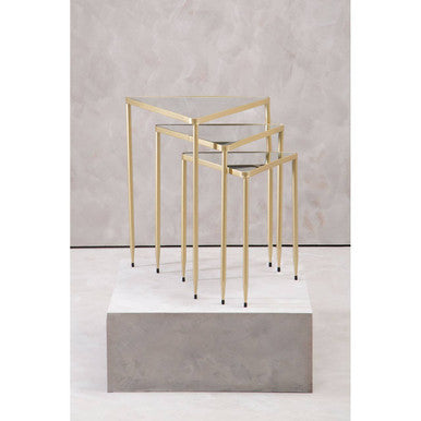 Set of 3 Mirrored Glass Triangle Nesting Tables with Champagne Gold Frame