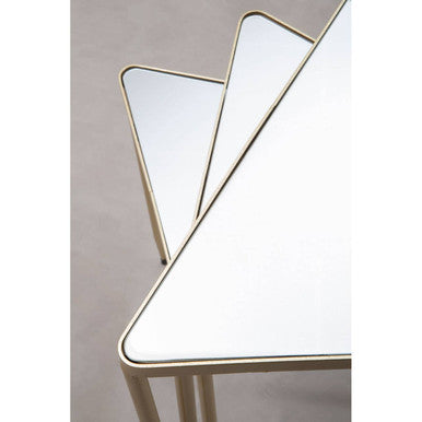 Set of 3 Mirrored Glass Triangle Nesting Tables with Champagne Gold Frame