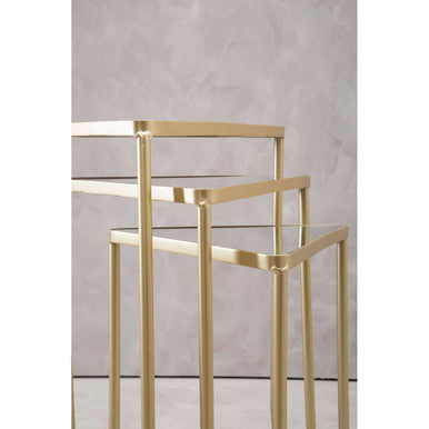 Set of 3 Mirrored Glass Triangle Nesting Tables with Champagne Gold Frame