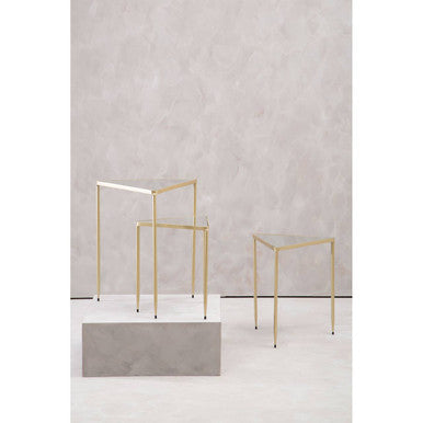 Set of 3 Mirrored Glass Triangle Nesting Tables with Champagne Gold Frame