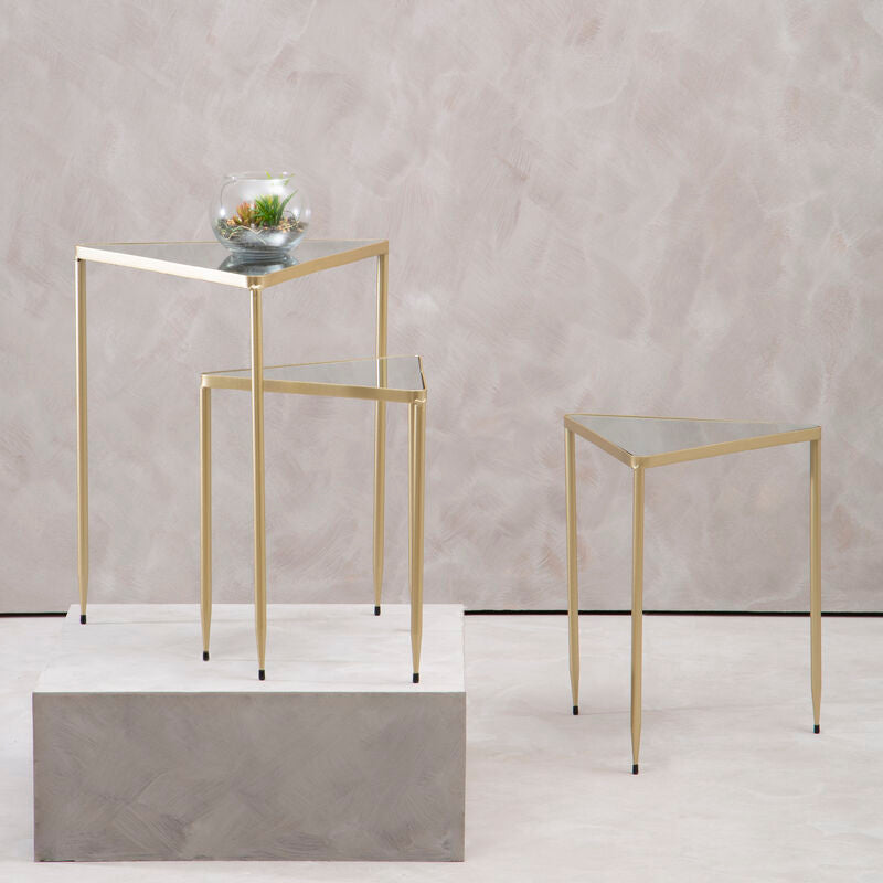 Set of 3 Mirrored Glass Triangle Nesting Tables with Champagne Gold Frame