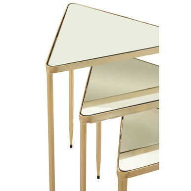 Set of 3 Mirrored Glass Triangle Nesting Tables with Champagne Gold Frame
