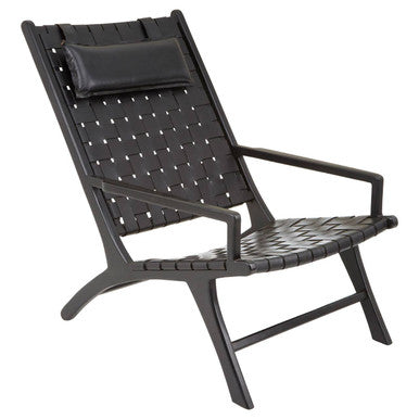 Black Leather Woven Chair with Teak Frame