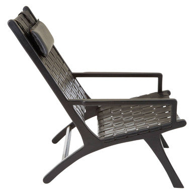 Black Leather Woven Chair with Teak Frame