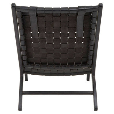 Black Leather Woven Chair with Teak Frame