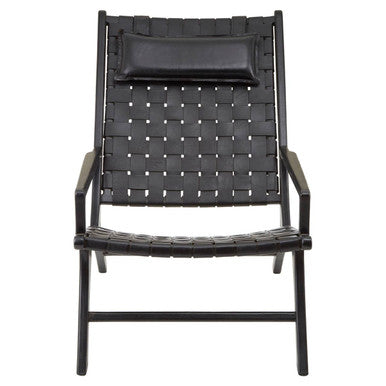 Black Leather Woven Chair with Teak Frame