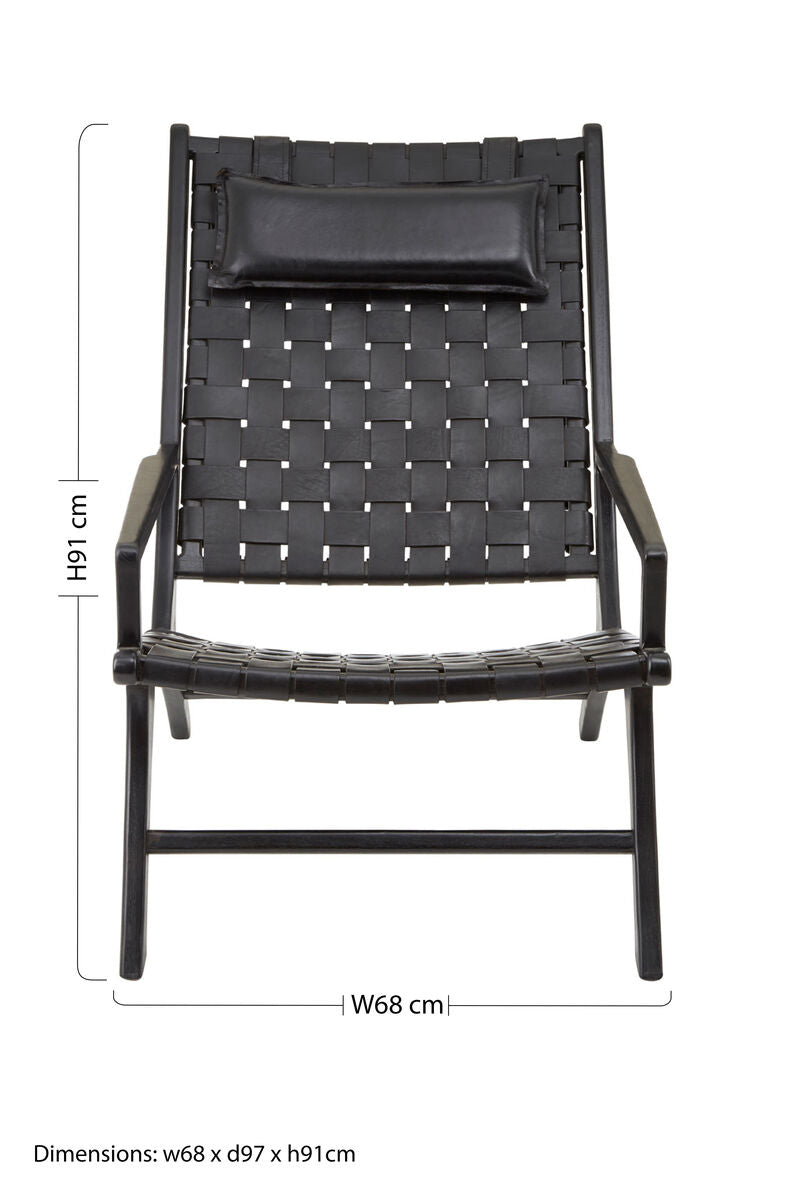 Black Leather Woven Chair with Teak Frame
