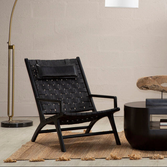 Black Leather Woven Chair with Teak Frame