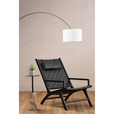 Black Leather Woven Chair with Teak Frame
