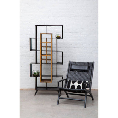 Black Leather Woven Chair with Teak Frame