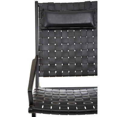 Black Leather Woven Chair with Teak Frame