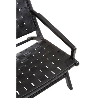 Black Leather Woven Chair with Teak Frame