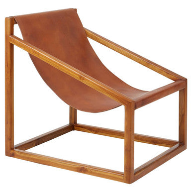 Brown Leather and Teak Wood Sling Chair